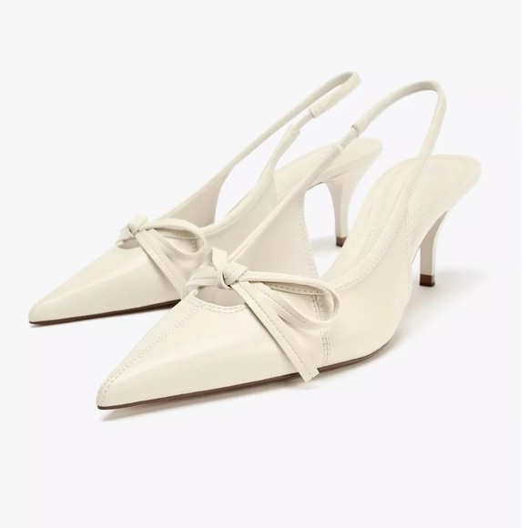 Zara Shoes - Zara NWT ivory off white bow slingback pointed toe kitten heels size 41